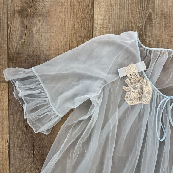 Vtg Lisette Lingerie Blue Lace Chiffon Robe Sz Med Peignoir Negligee Sheer Lace - Picture 7 of 13